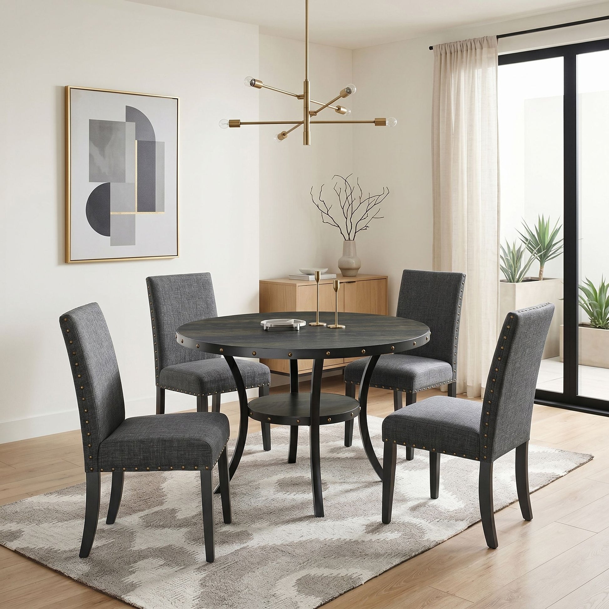 Biony Espresso Wood Dining Set with Gray Fabric Nailhead Chairs image 1