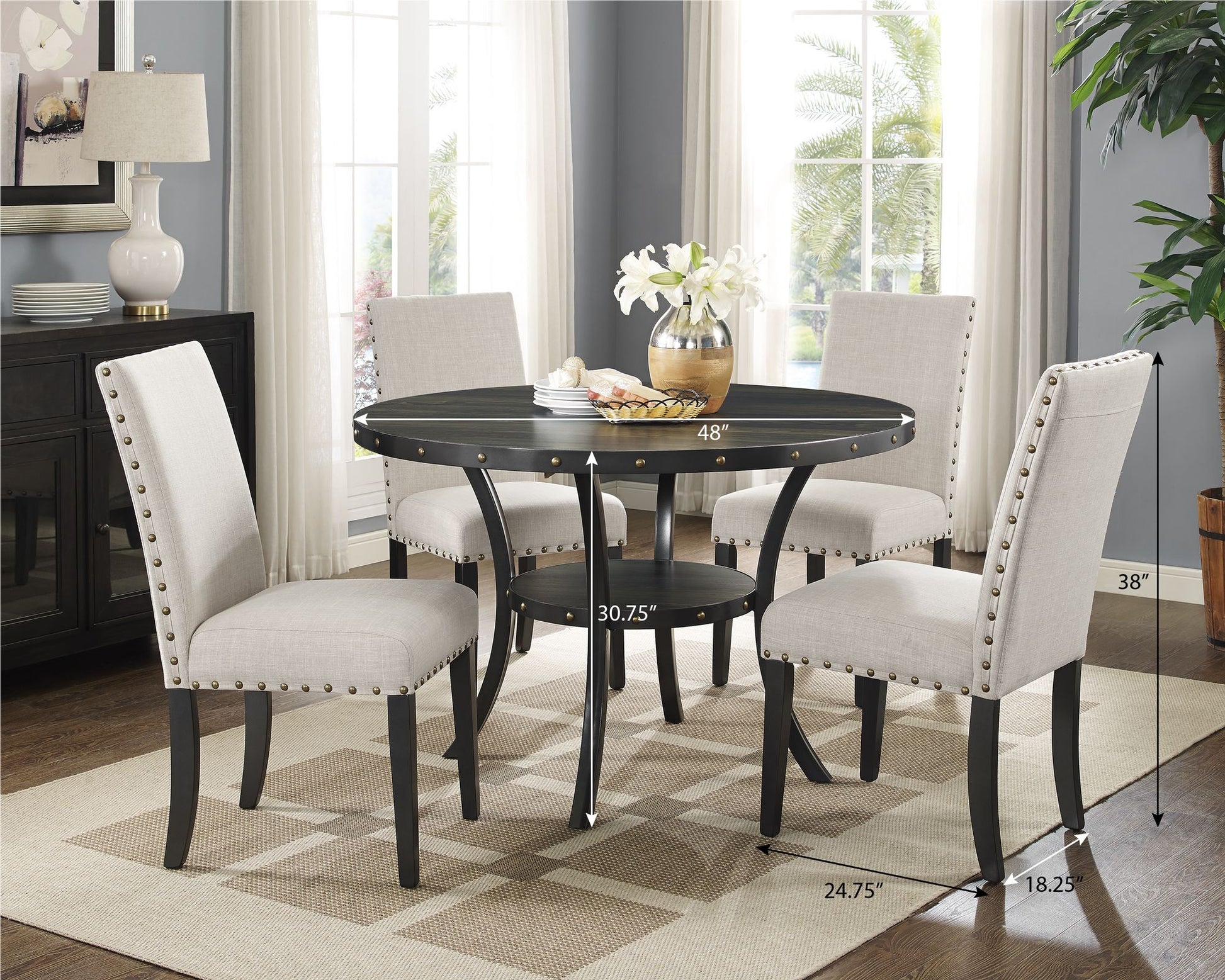 Biony Espresso Wood Dining Set with Tan Fabric Nailhead Chairs image 3