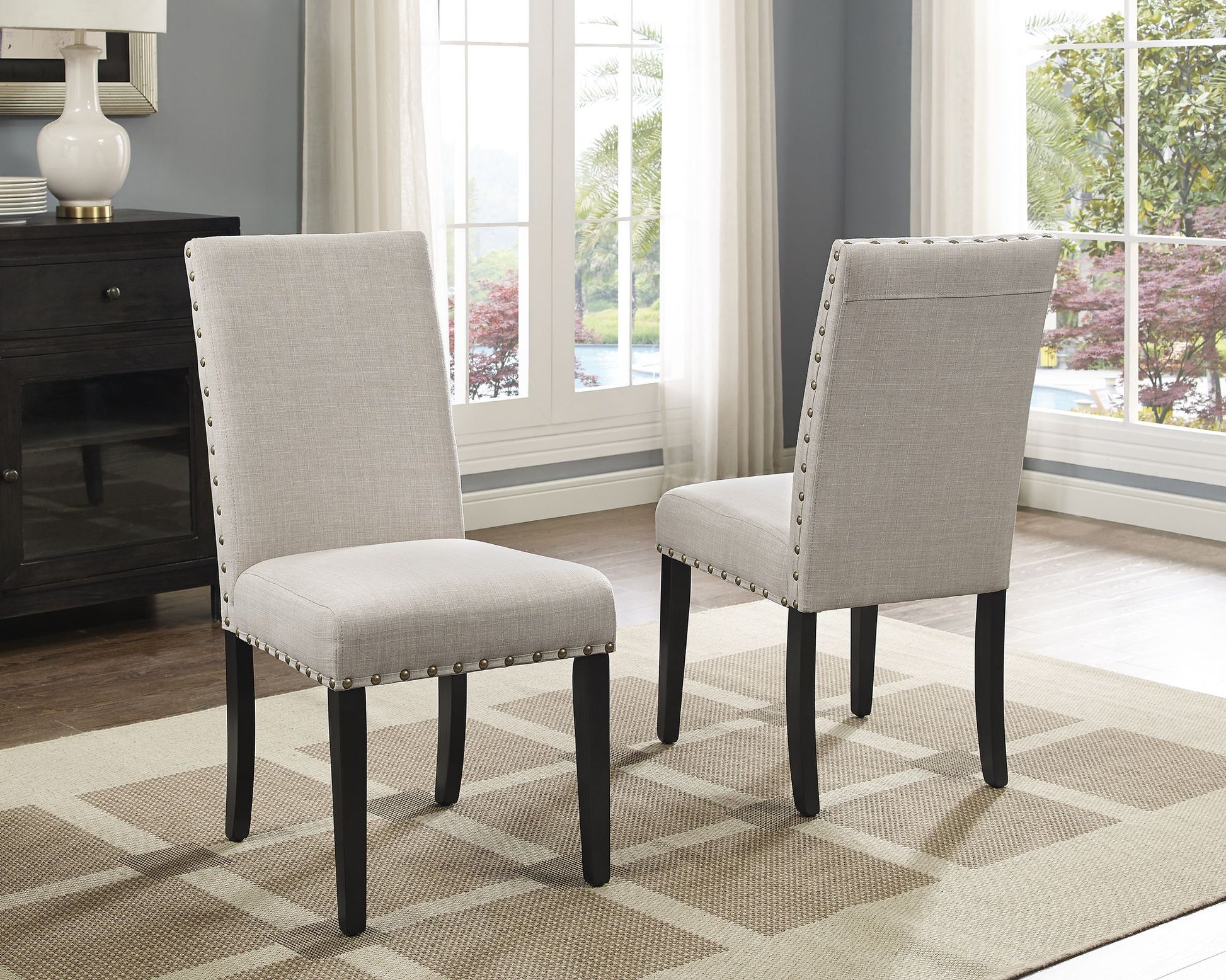 Biony Espresso Wood Dining Set with Tan Fabric Nailhead Chairs image 6