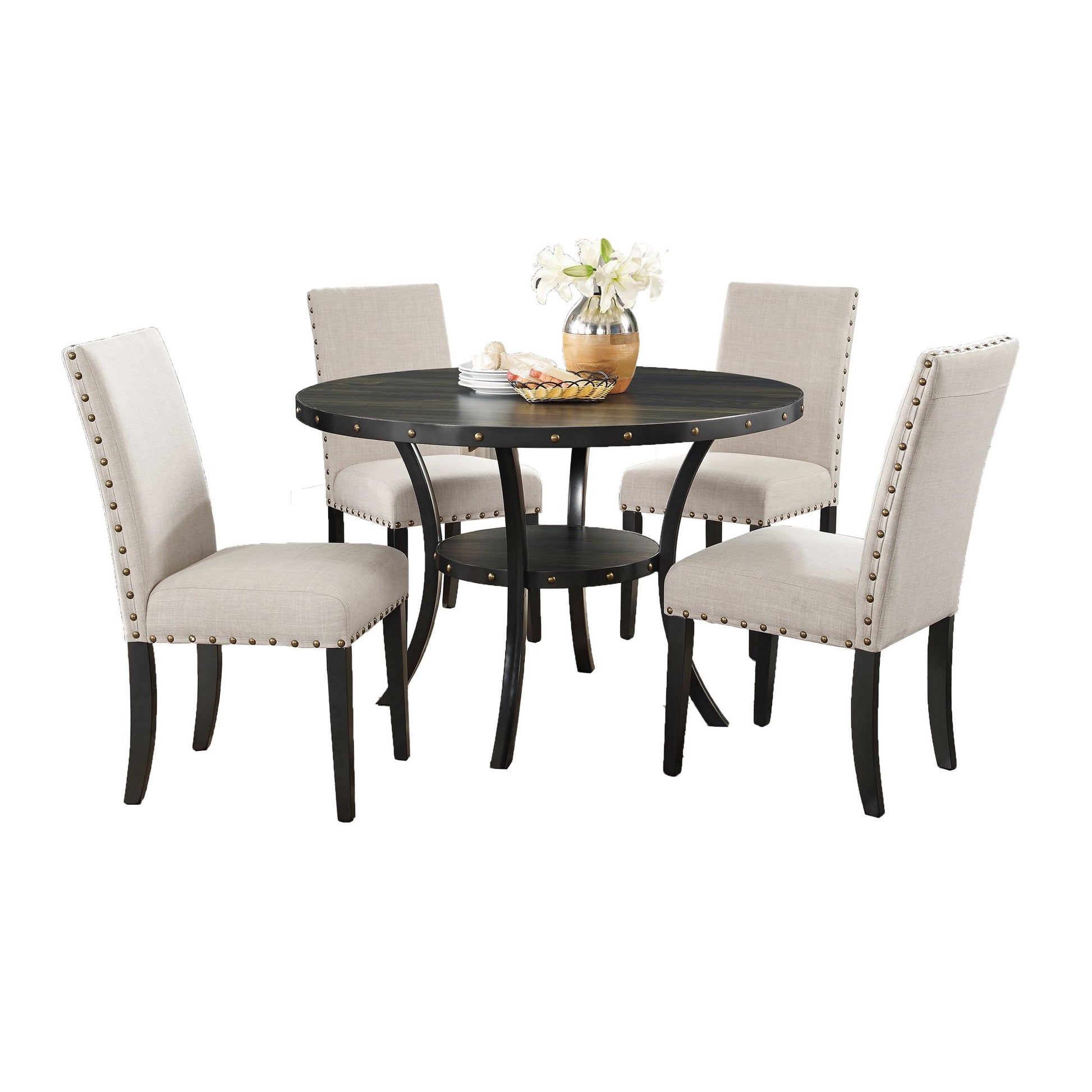 Biony Espresso Wood Dining Set with Tan Fabric Nailhead Chairs image 10