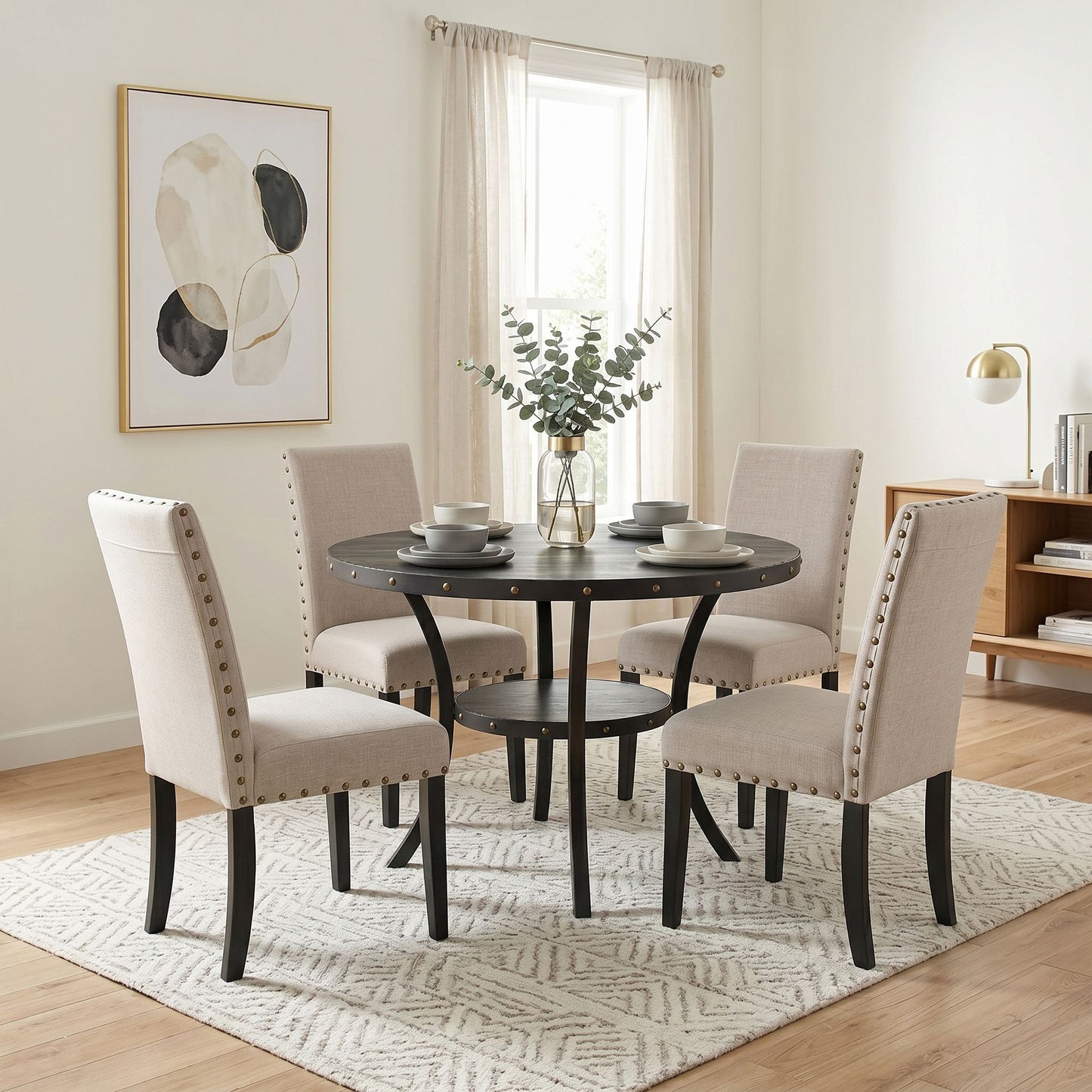 Biony Espresso Wood Dining Set with Tan Fabric Nailhead Chairs image 1