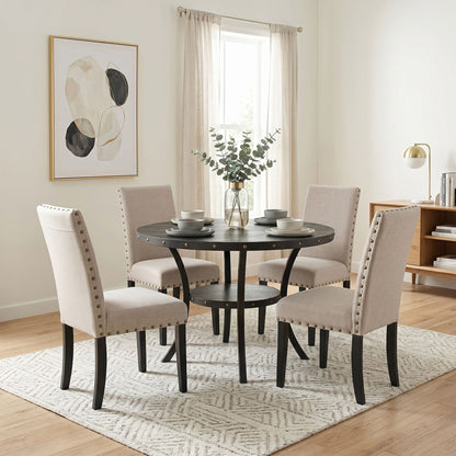 Biony Espresso Wood Dining Set with Tan Fabric Nailhead Chairs image 1