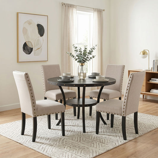 Biony Espresso Wood Dining Set with Tan Fabric Nailhead Chairs image 1