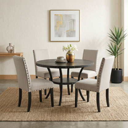 Biony Espresso Wood Dining Set with Tan Fabric Nailhead Chairs image 2