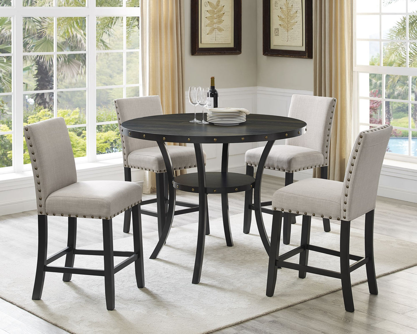 Biony Tan Fabric Counter Height Stools with Nailhead Trim, Set of 2 image 1