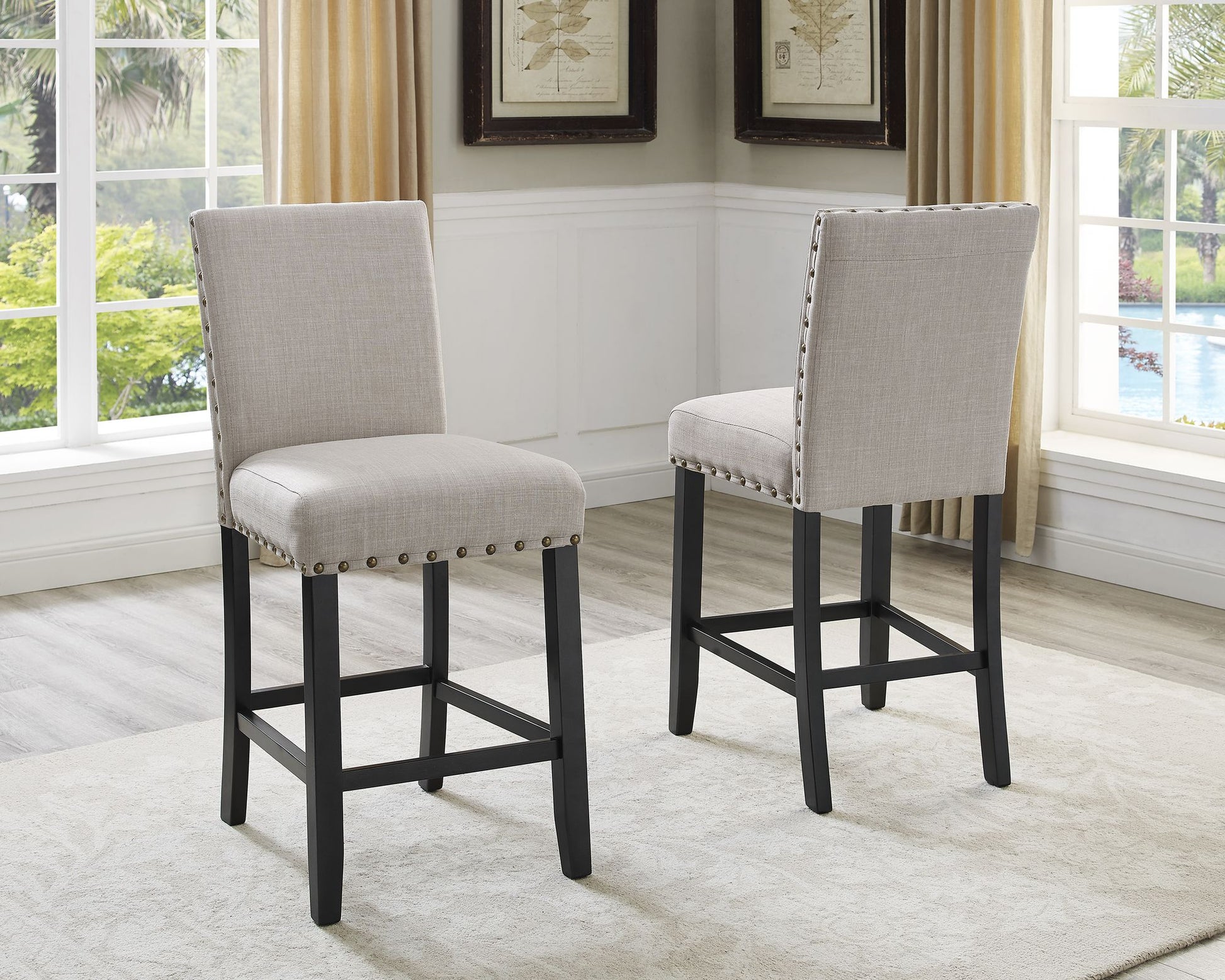 Biony Tan Fabric Counter Height Stools with Nailhead Trim, Set of 2 image 2