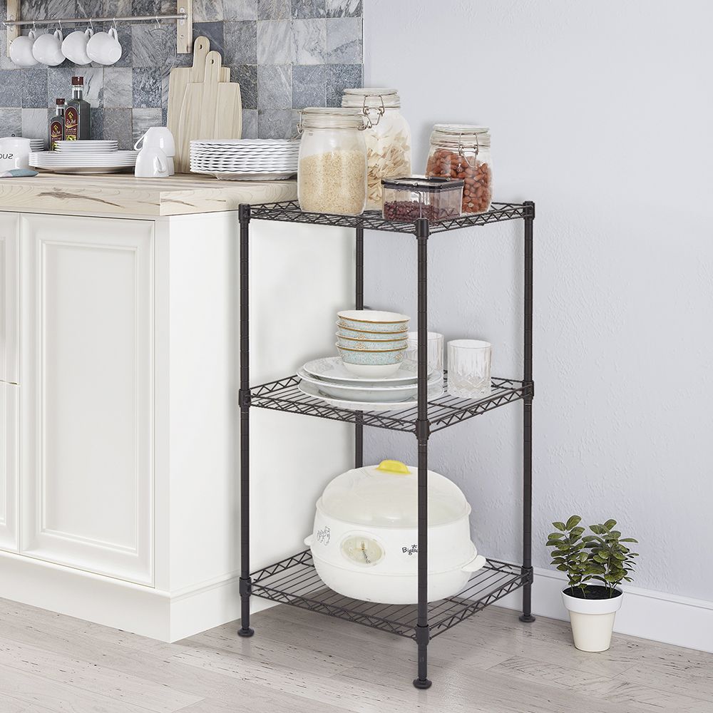 Black 3-Tier Wire Shelving Tower - front view