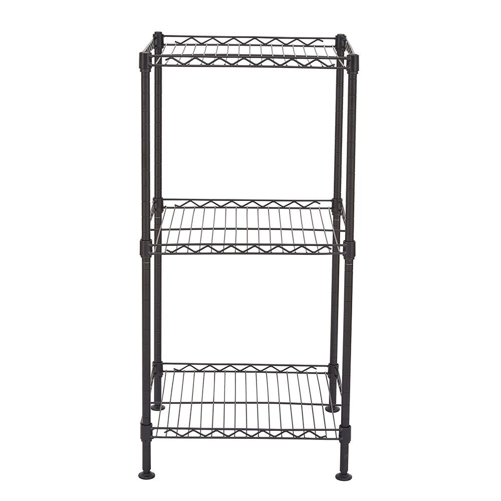 Black 3-Tier Wire Shelving Tower - with items on shelves