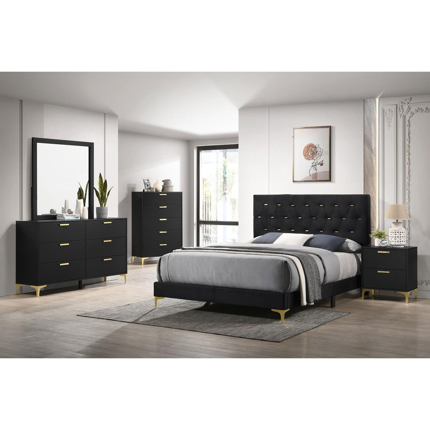 Black and Gold 2-Drawer Rectangular Nightstand image 9