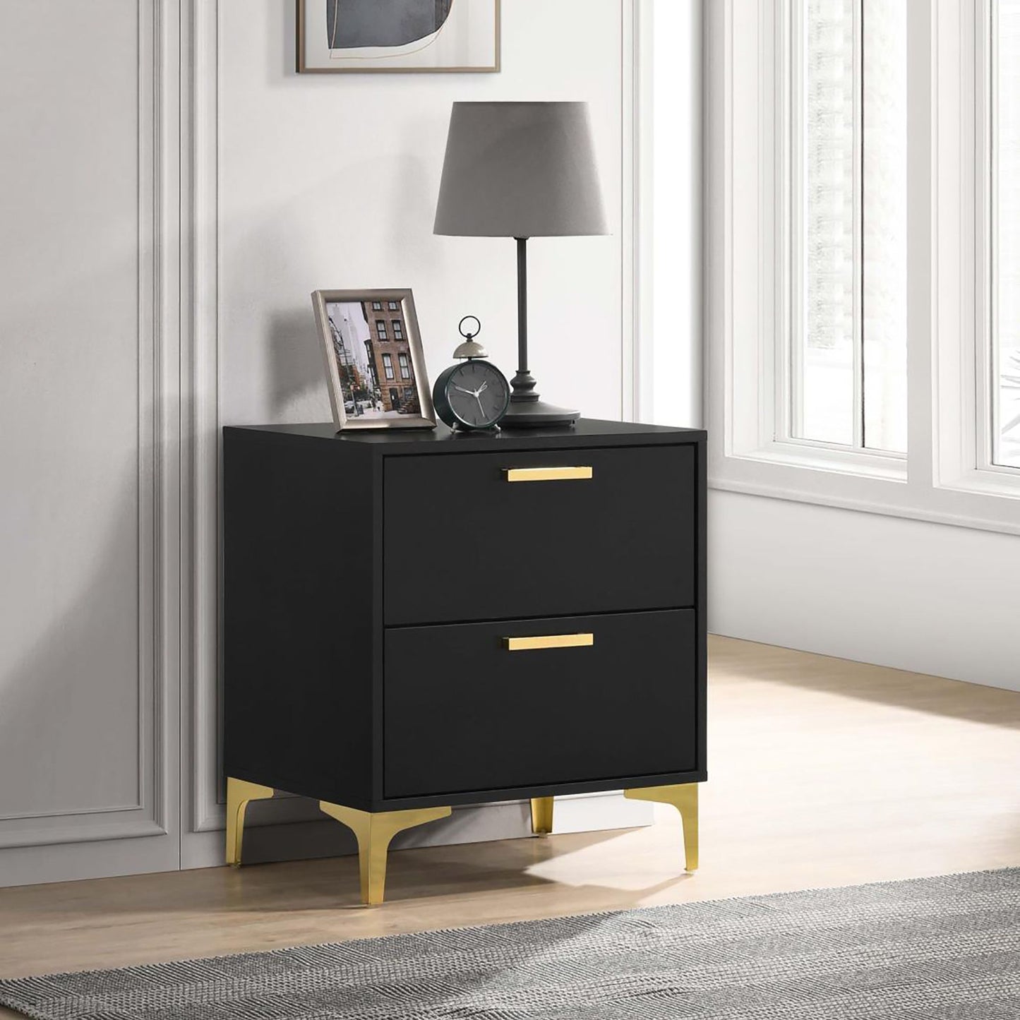 Black and Gold 2-Drawer Rectangular Nightstand image 1