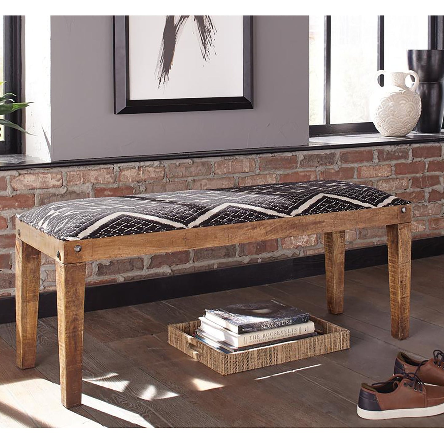 Black and White Upholstered Bench image 1