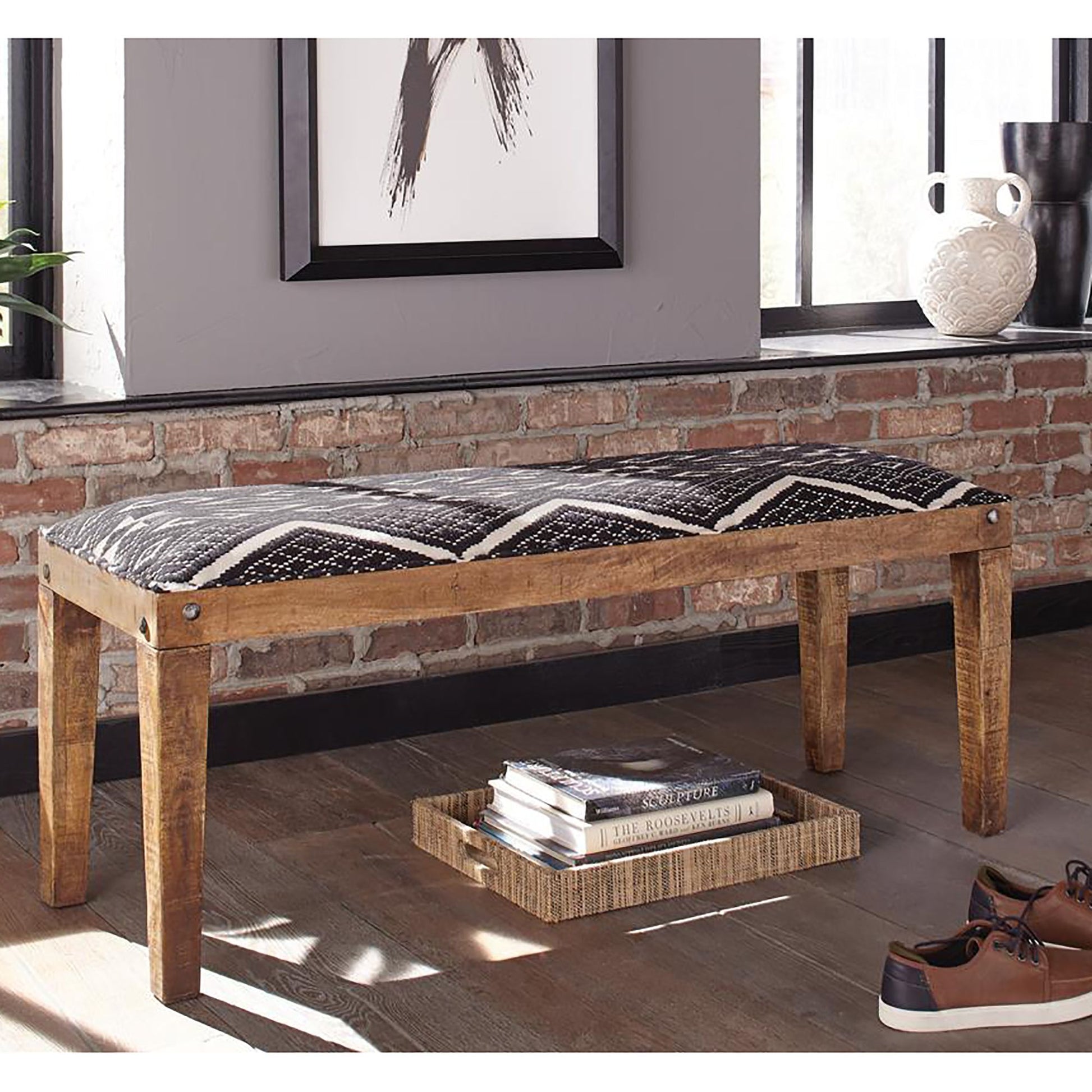 Black and White Upholstered Bench image 1