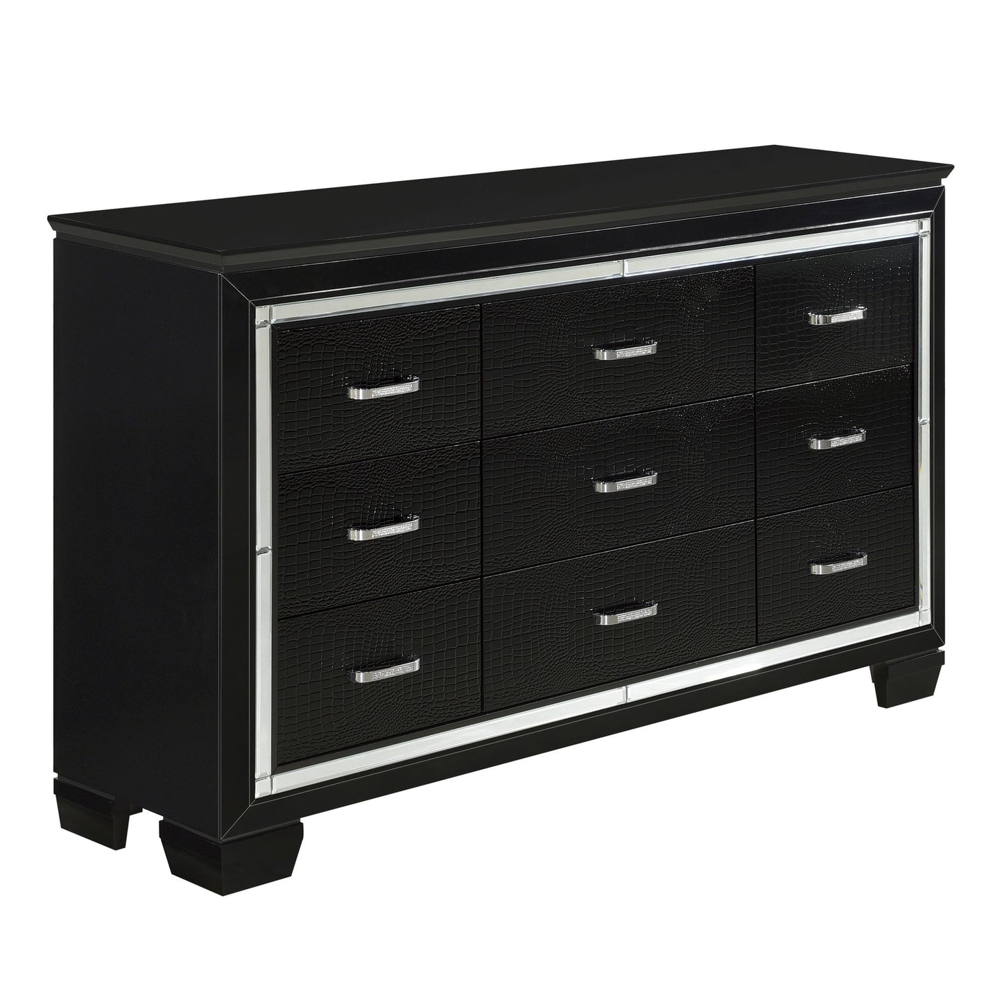 Black Finish Dresser Bold Desing 9 Drawers Glamorous Faux-Alligator Textured Fronts Wooden Bedroom Furniture image 2