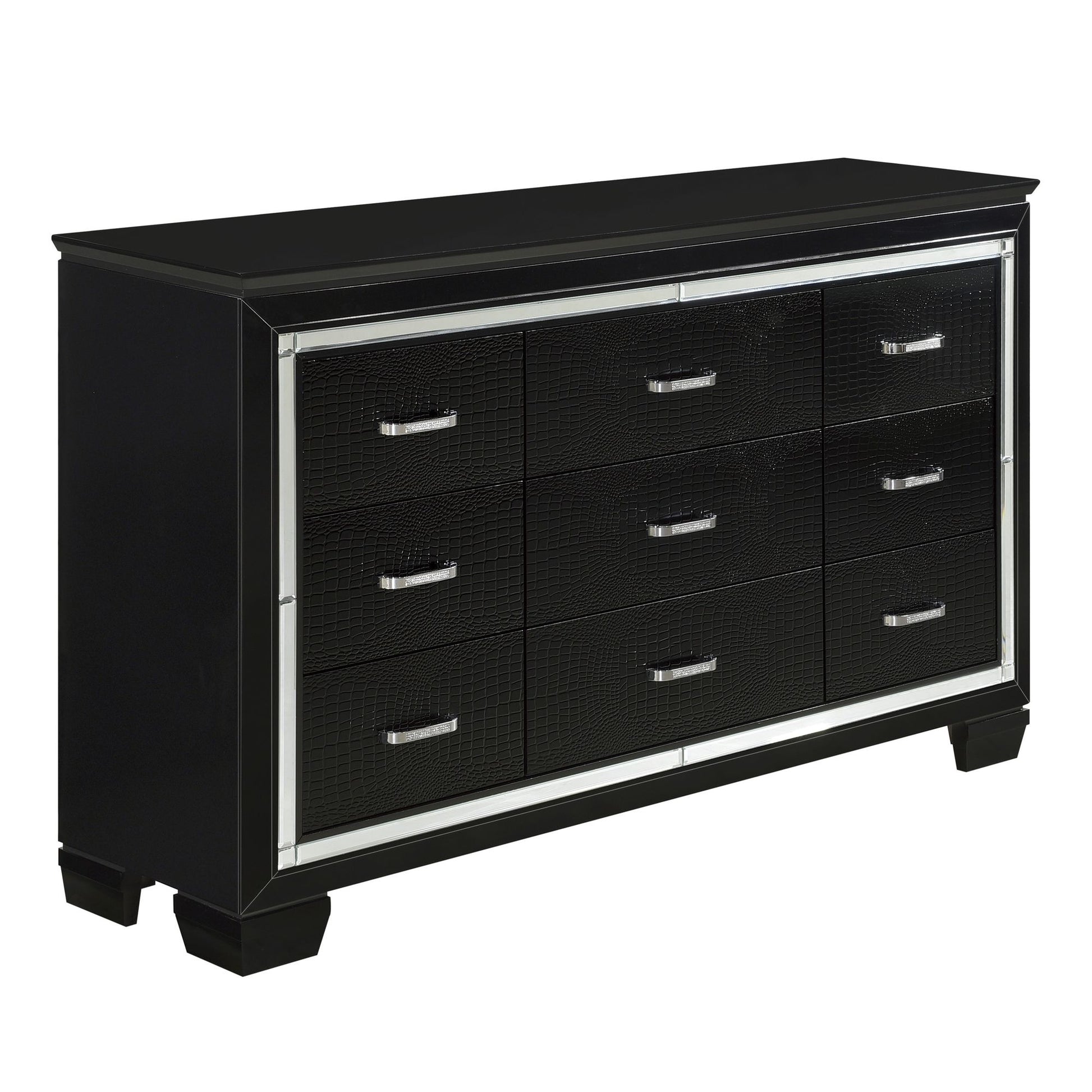 Black Finish Dresser Bold Desing 9 Drawers Glamorous Faux-Alligator Textured Fronts Wooden Bedroom Furniture image 2