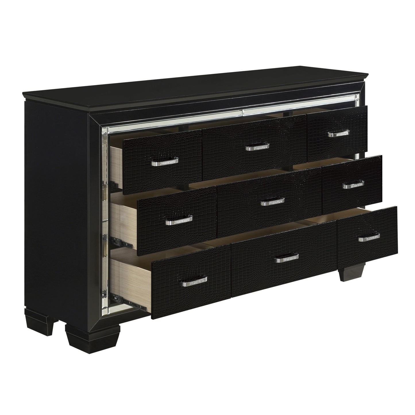 Black Finish Dresser Bold Desing 9 Drawers Glamorous Faux-Alligator Textured Fronts Wooden Bedroom Furniture image 3