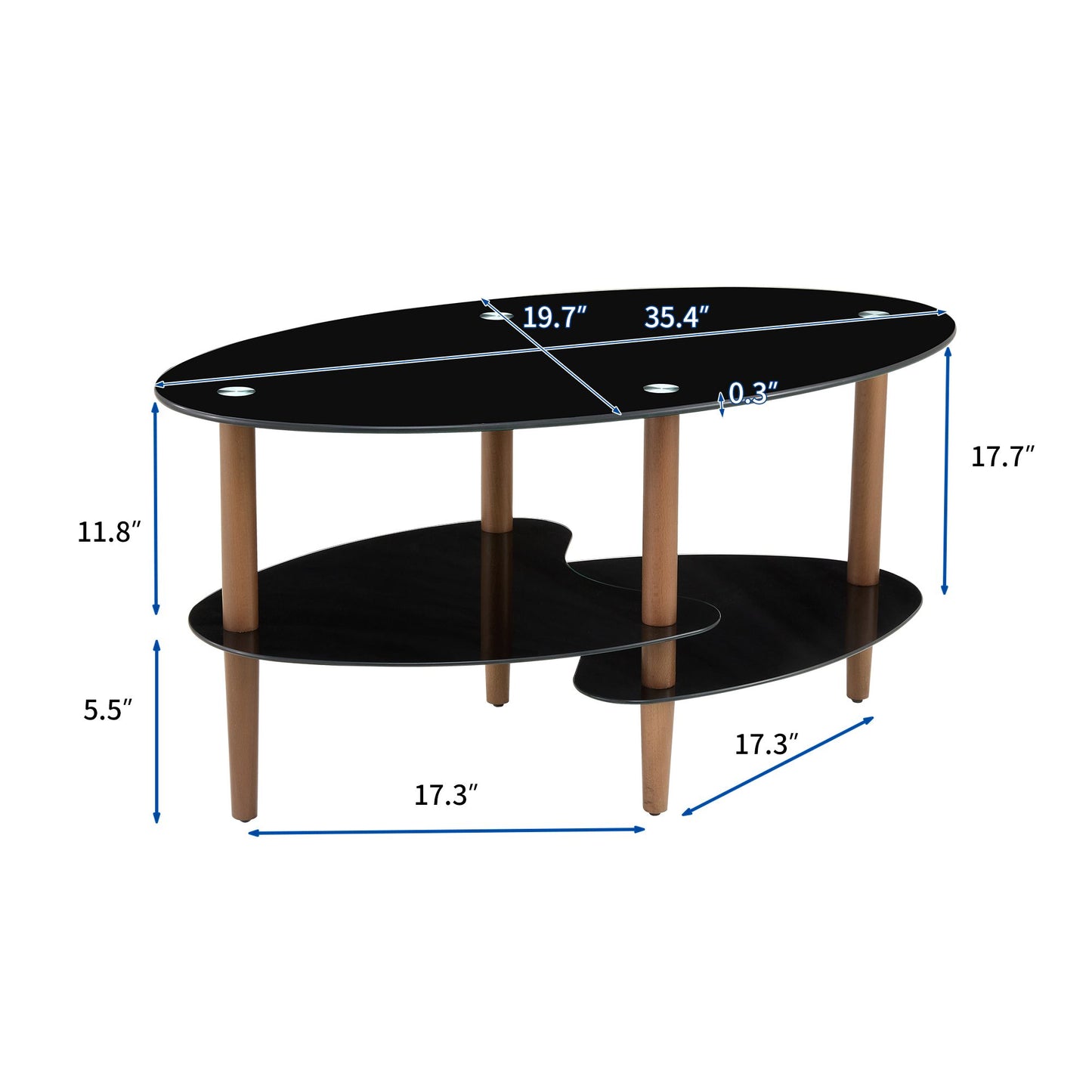 Black Oval glass coffee table, modern table in living room Oak wood leg tea table 3-layer tempered glass table image 6