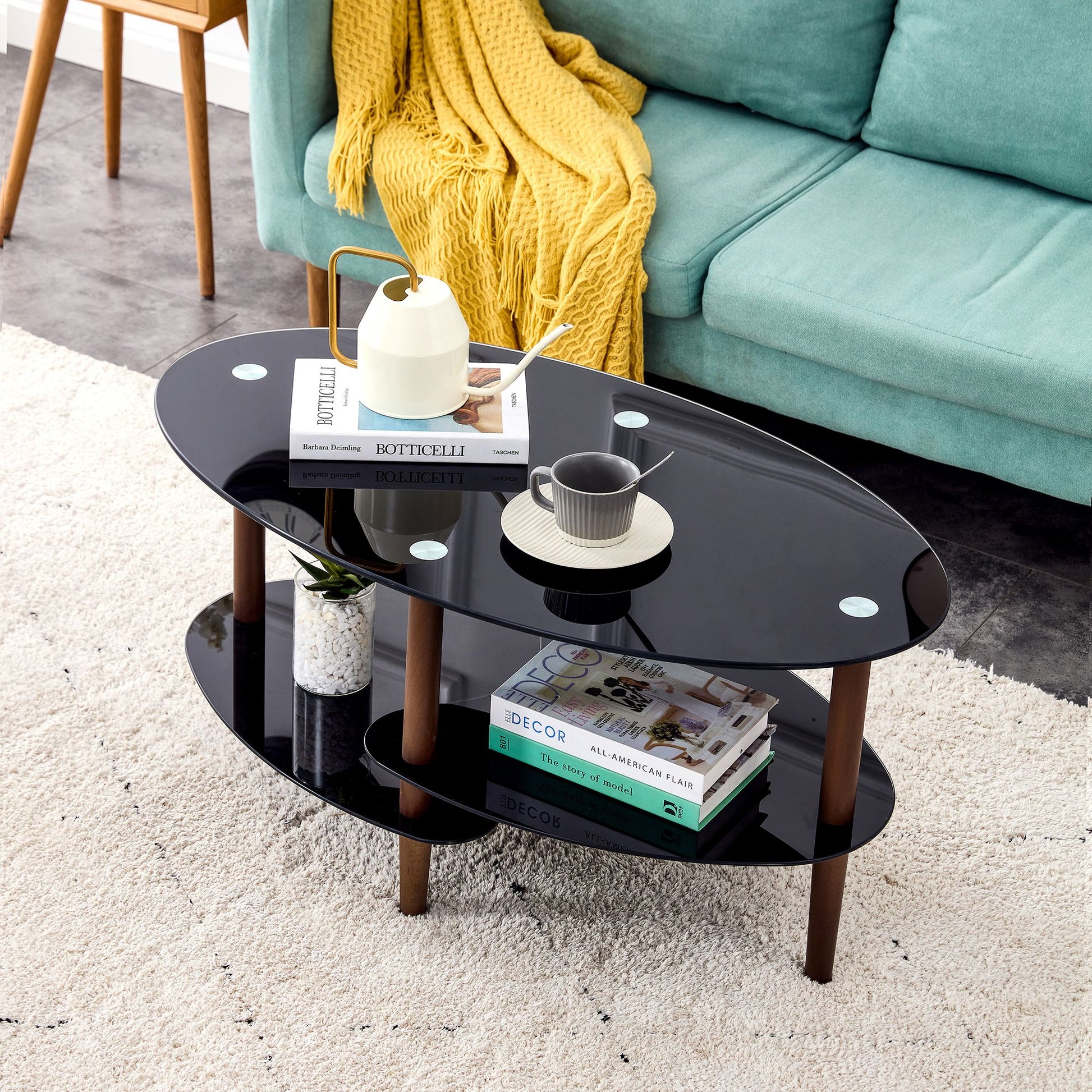 Black Oval glass coffee table, modern table in living room Oak wood leg tea table 3-layer tempered glass table image 2