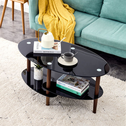 Black Oval glass coffee table, modern table in living room Oak wood leg tea table 3-layer tempered glass table image 2