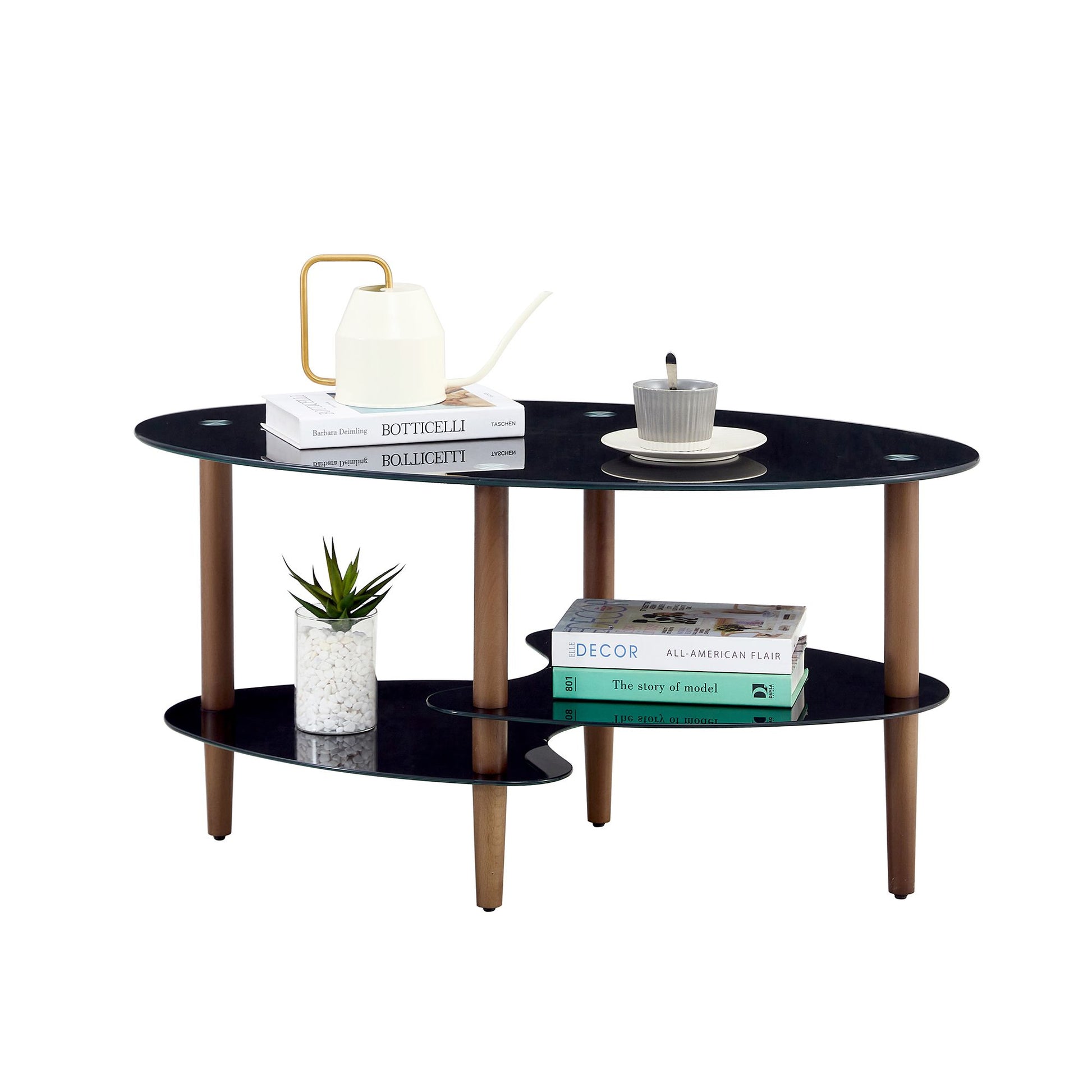Black Oval glass coffee table, modern table in living room Oak wood leg tea table 3-layer tempered glass table image 3