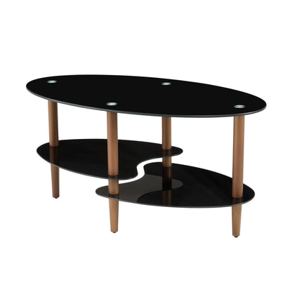 Black Oval glass coffee table, modern table in living room Oak wood leg tea table 3-layer tempered glass table image 7
