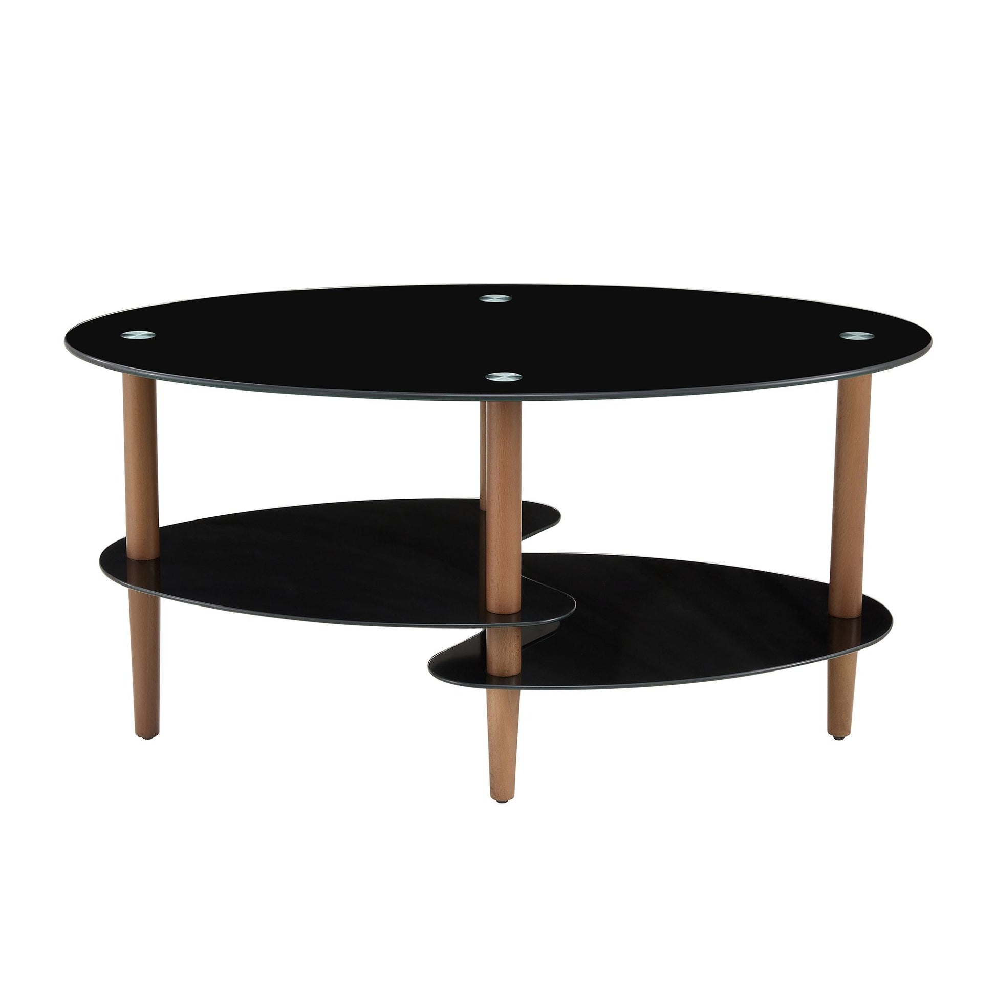 Black Oval glass coffee table, modern table in living room Oak wood leg tea table 3-layer tempered glass table image 5
