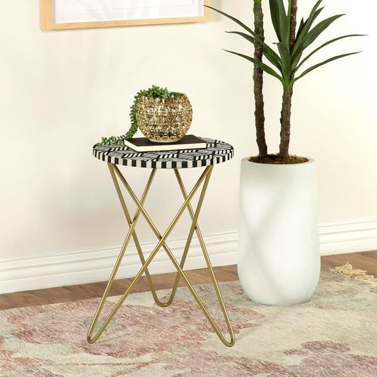 Black White and Gold Top Accent Table with mosaic tabletop and gold hairpin legs - front view