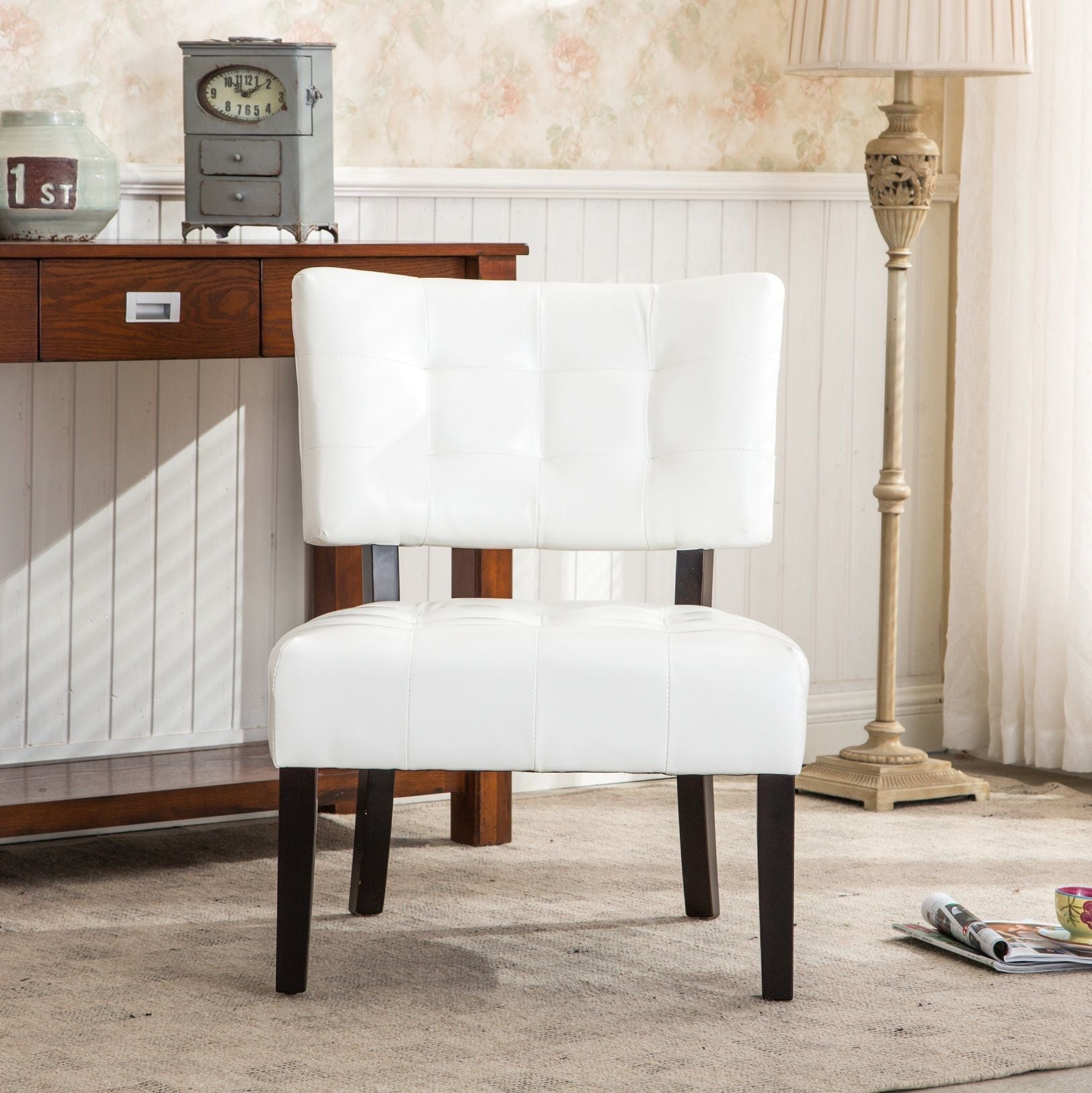 Blended Leather Tufted Accent Chair with Oversized Seating, Ivory image 2