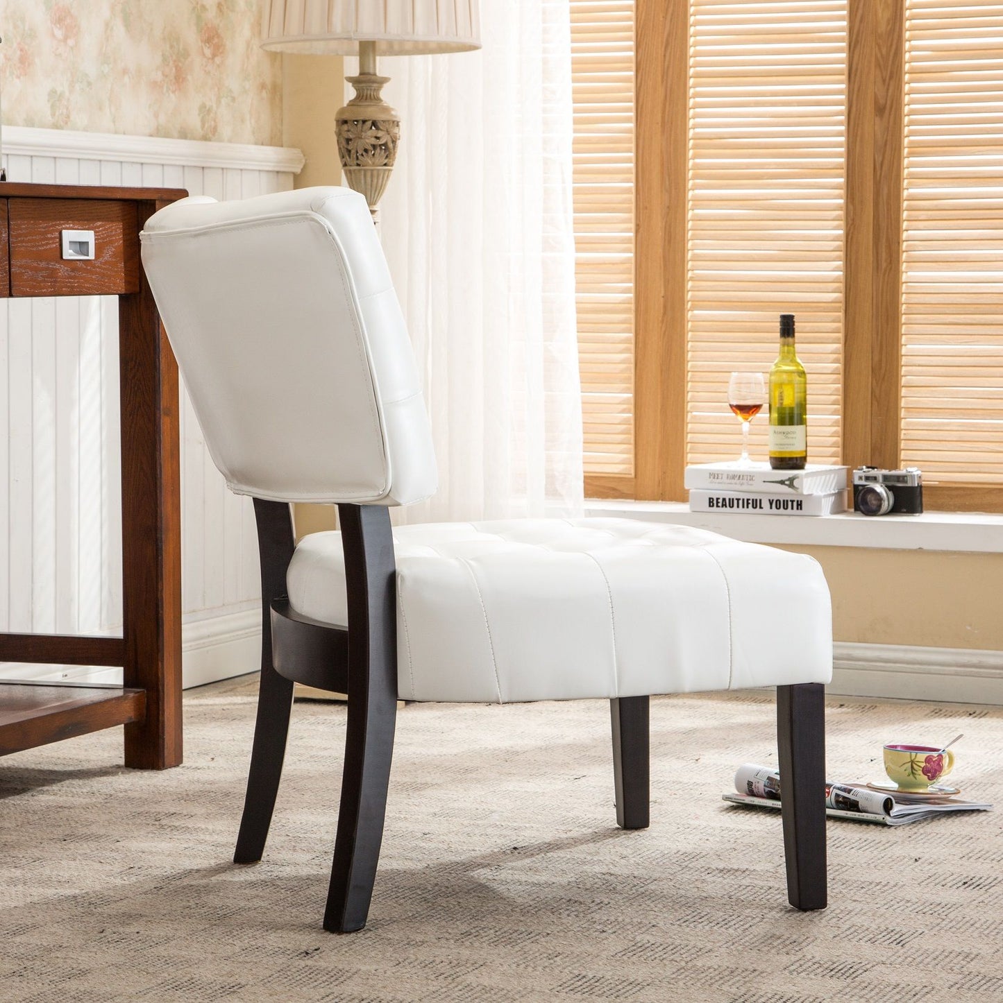 Blended Leather Tufted Accent Chair with Oversized Seating, Ivory image 4