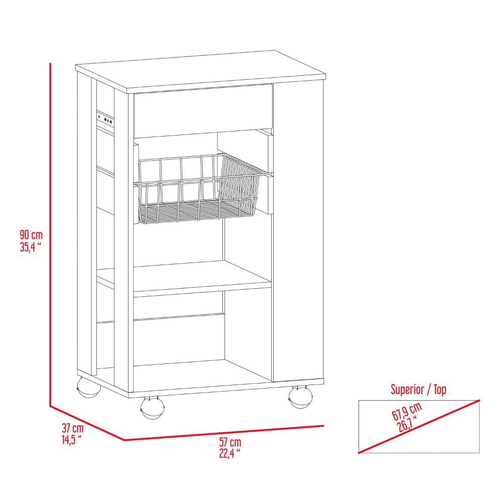 Blosson Kitchen Cart, One Drawer, Two Open Shelves, Four Casters -White / Light Oak image 4
