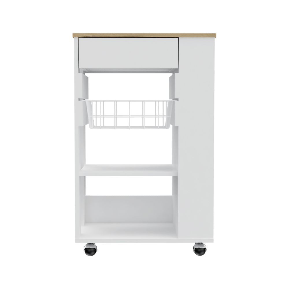 Blosson Kitchen Cart, One Drawer, Two Open Shelves, Four Casters -White / Light Oak image 2