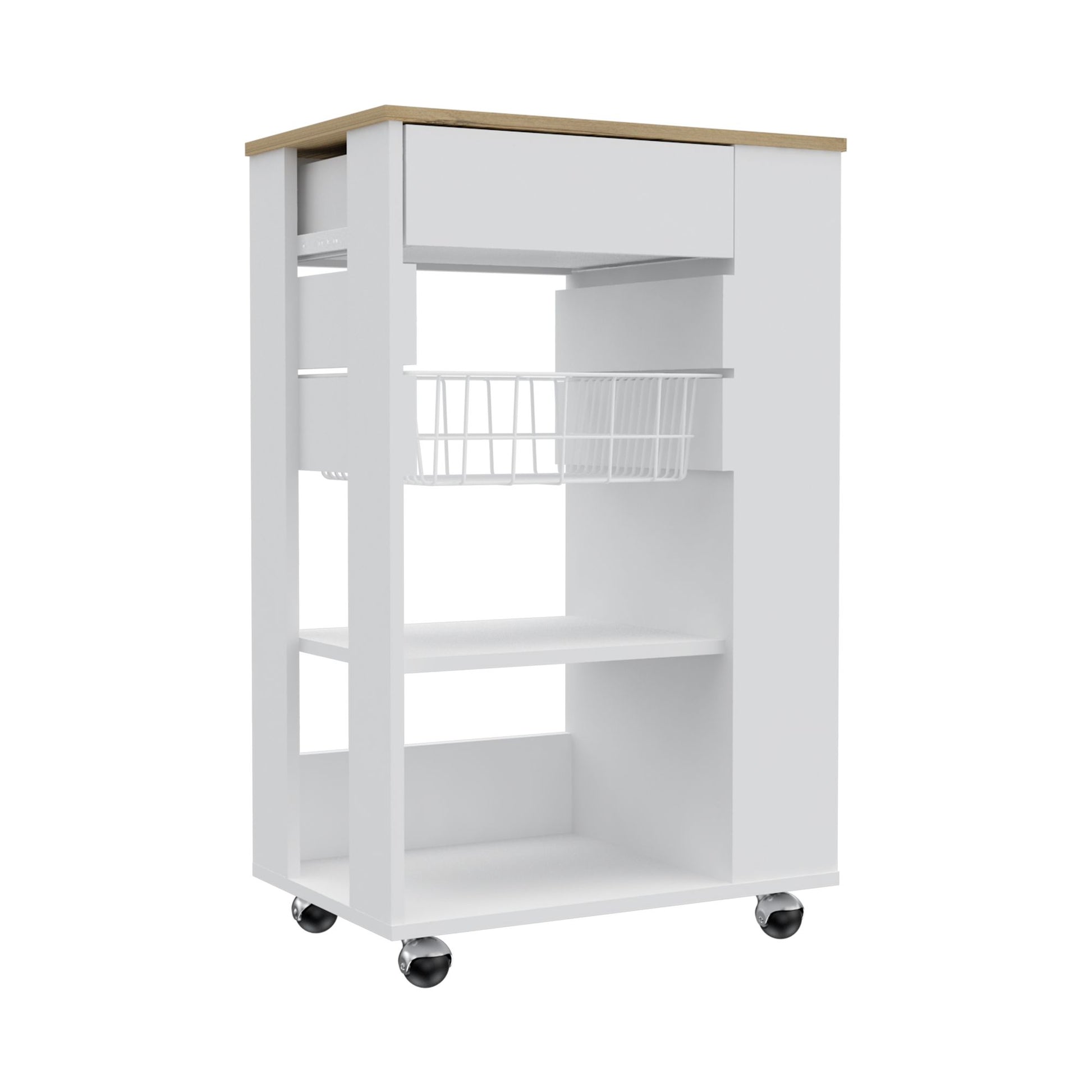 Blosson Kitchen Cart, One Drawer, Two Open Shelves, Four Casters -White / Light Oak image 7