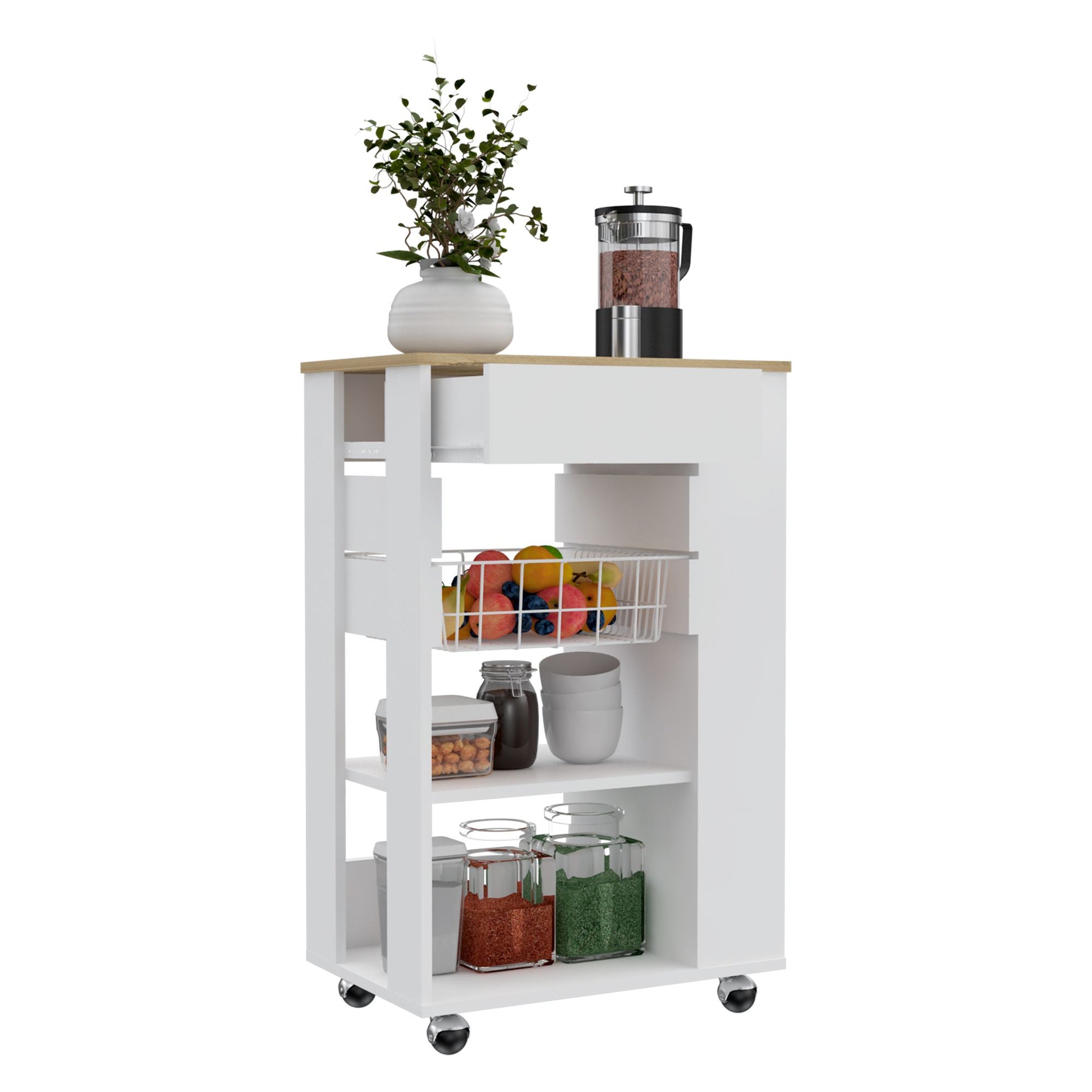 Blosson Kitchen Cart, One Drawer, Two Open Shelves, Four Casters -White / Light Oak image 8