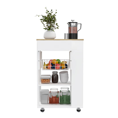 Blosson Kitchen Cart, One Drawer, Two Open Shelves, Four Casters -White / Light Oak image 6