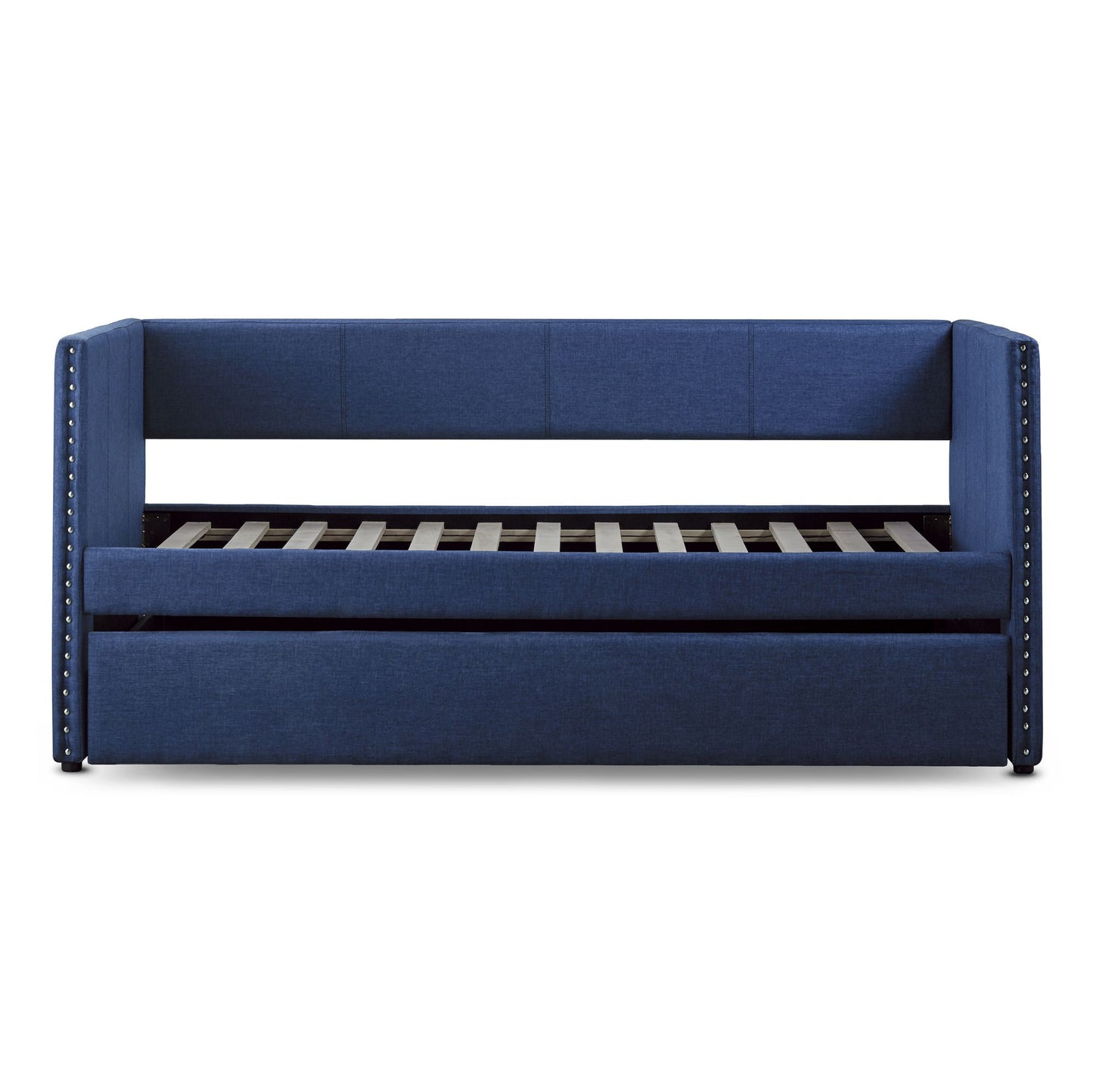 Blue Fabric Upholstered 1pc Day Bed with Pull-out Trundle Nailhead Trim Wood Frame Furniture image 7