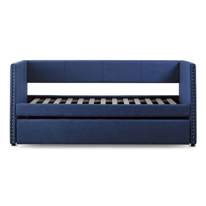 Blue Fabric Upholstered 1pc Day Bed with Pull-out Trundle Nailhead Trim Wood Frame Furniture image 7