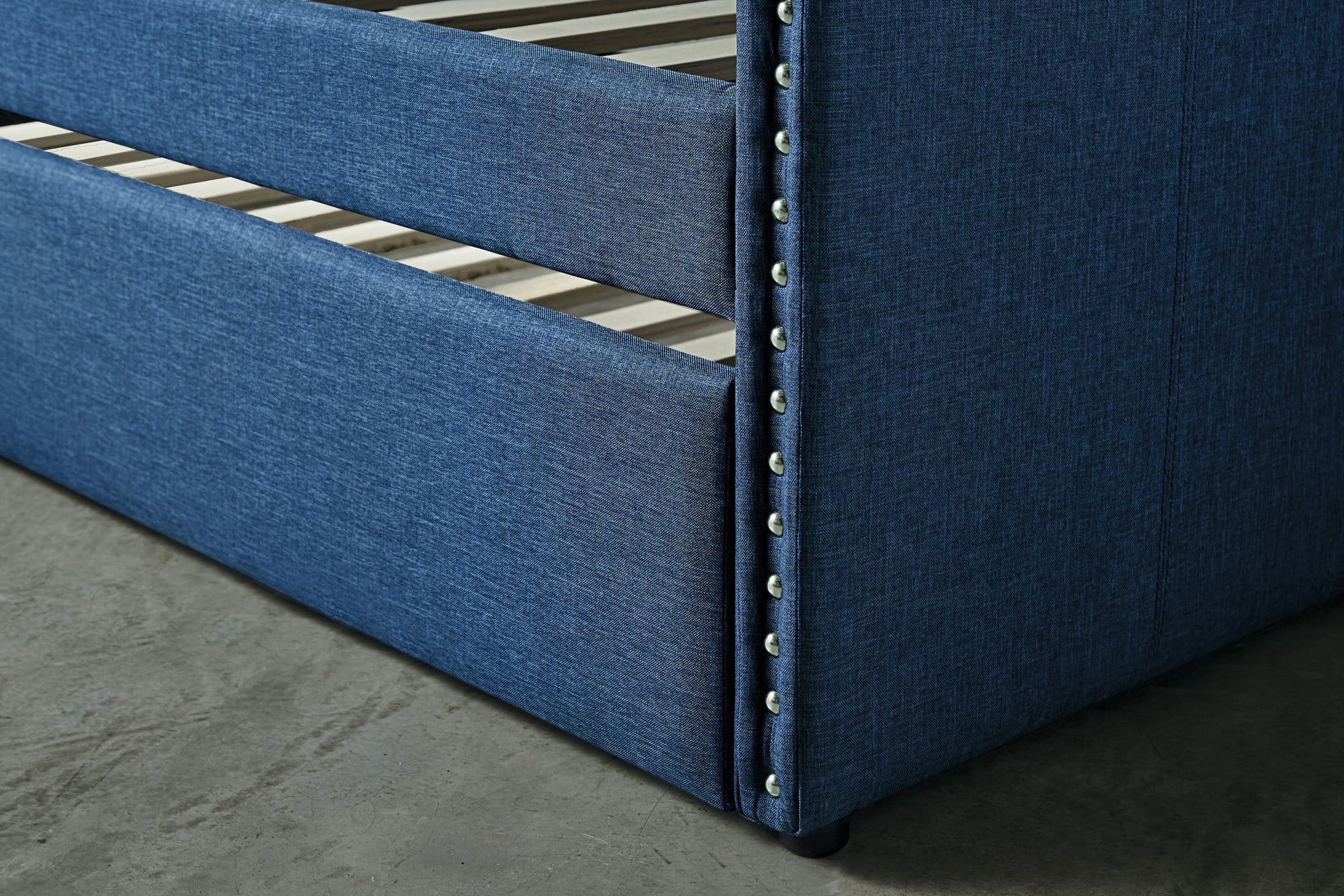 Blue Fabric Upholstered 1pc Day Bed with Pull-out Trundle Nailhead Trim Wood Frame Furniture image 2