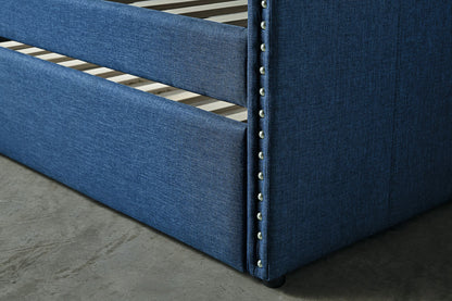 Blue Fabric Upholstered 1pc Day Bed with Pull-out Trundle Nailhead Trim Wood Frame Furniture image 2