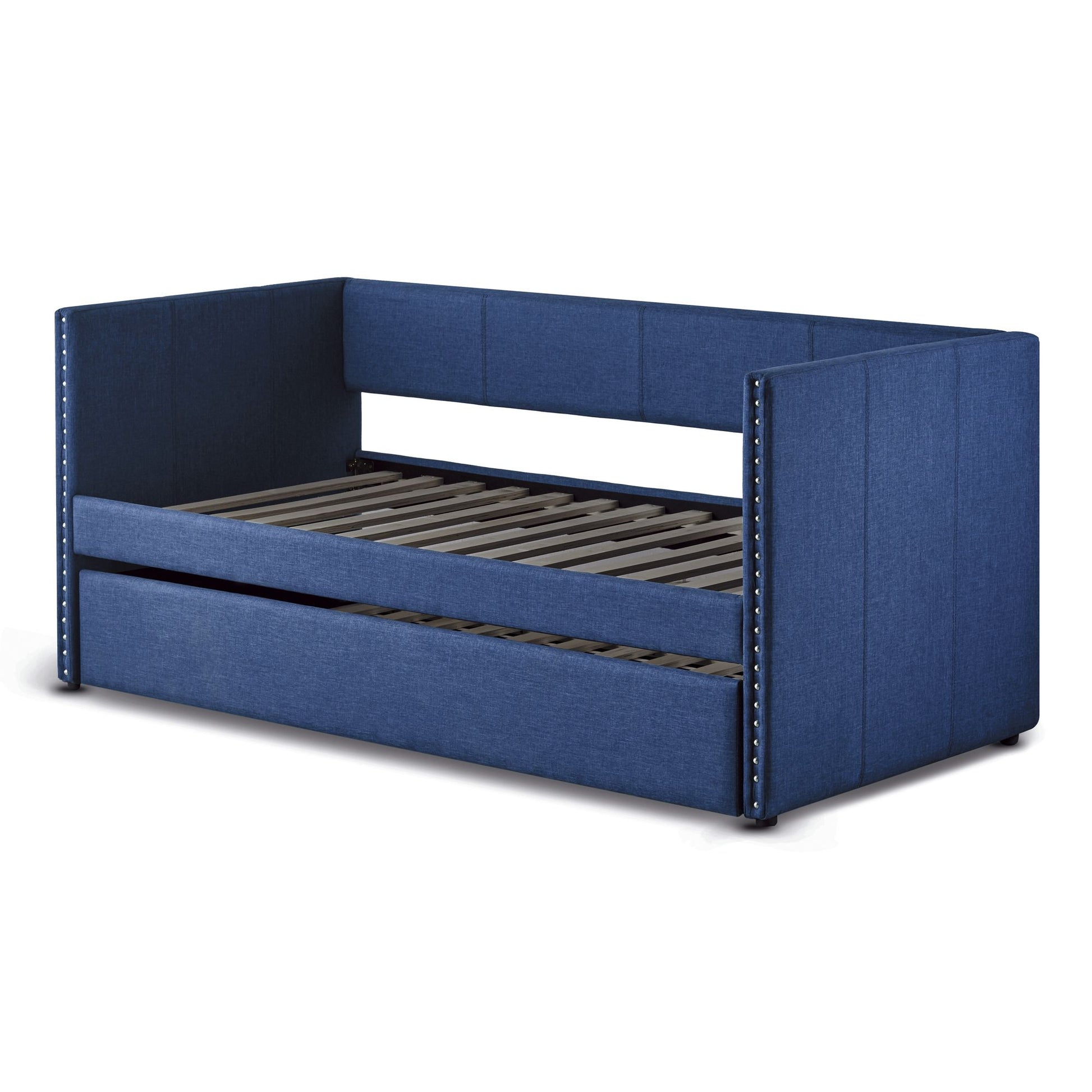 Blue Fabric Upholstered 1pc Day Bed with Pull-out Trundle Nailhead Trim Wood Frame Furniture image 9
