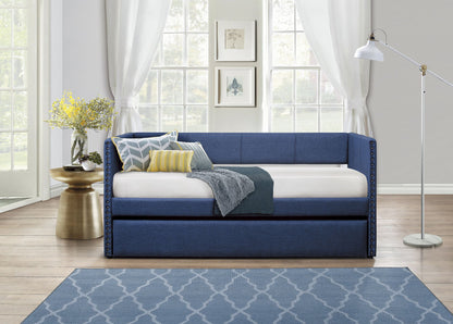 Blue Fabric Upholstered 1pc Day Bed with Pull-out Trundle Nailhead Trim Wood Frame Furniture image 6