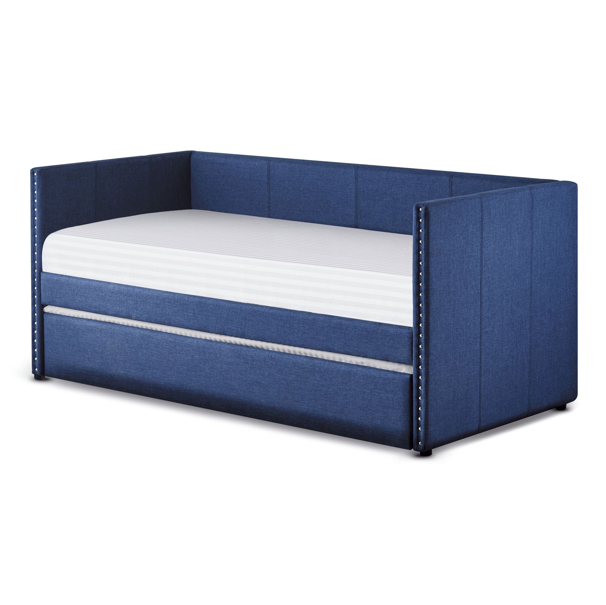 Blue Fabric Upholstered 1pc Day Bed with Pull-out Trundle Nailhead Trim Wood Frame Furniture image 8
