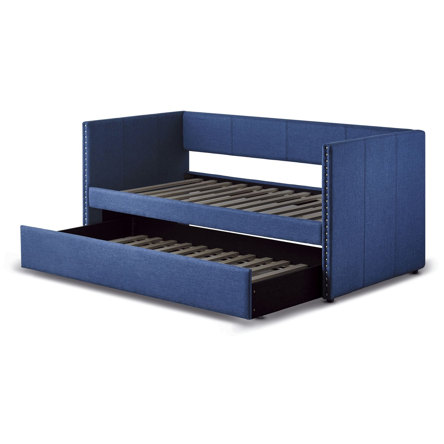 Blue Fabric Upholstered 1pc Day Bed with Pull-out Trundle Nailhead Trim Wood Frame Furniture image 11