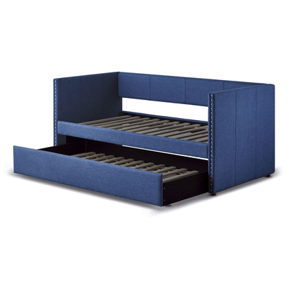 Blue Fabric Upholstered 1pc Day Bed with Pull-out Trundle Nailhead Trim Wood Frame Furniture image 11