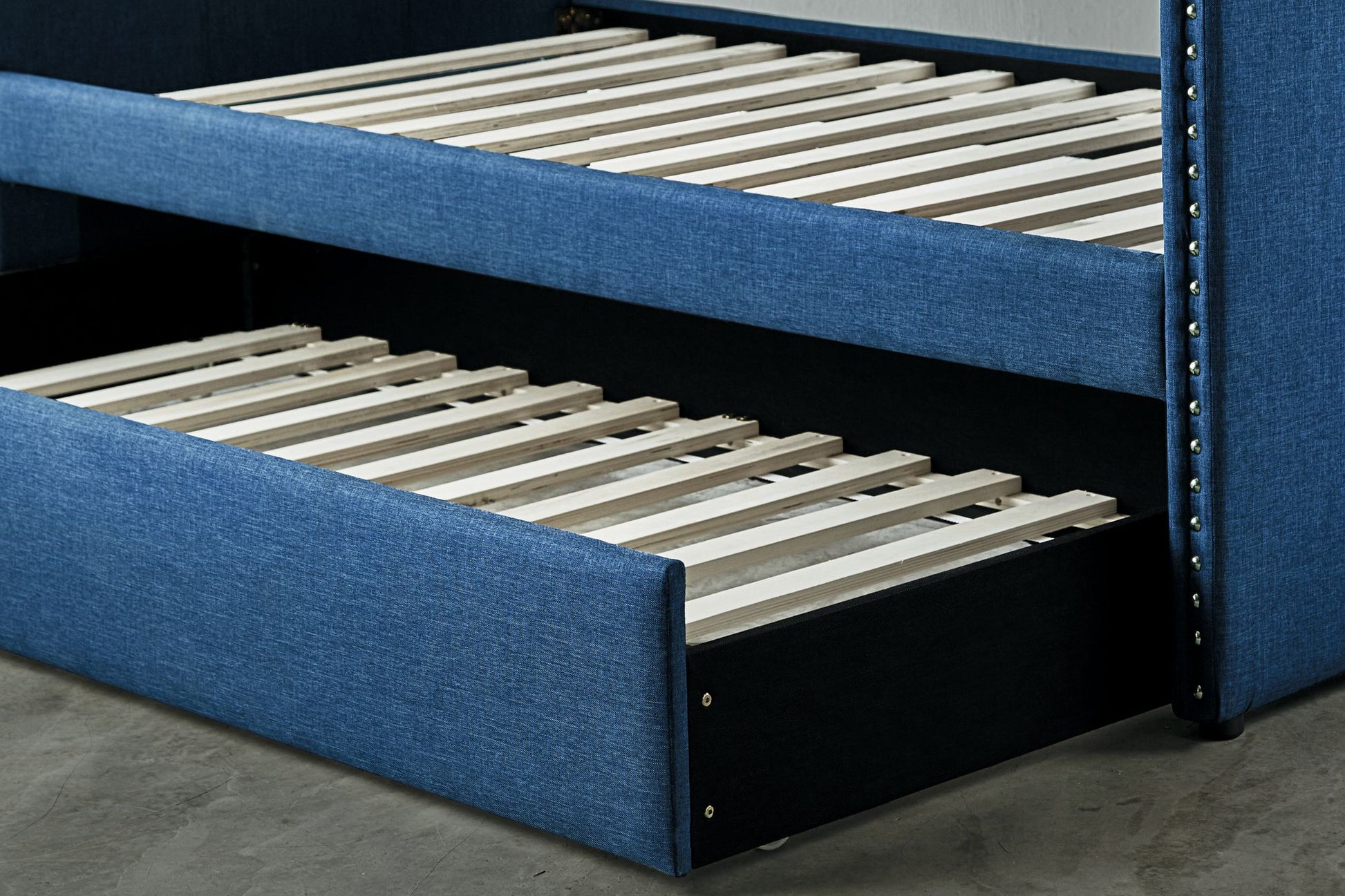 Blue Fabric Upholstered 1pc Day Bed with Pull-out Trundle Nailhead Trim Wood Frame Furniture image 5