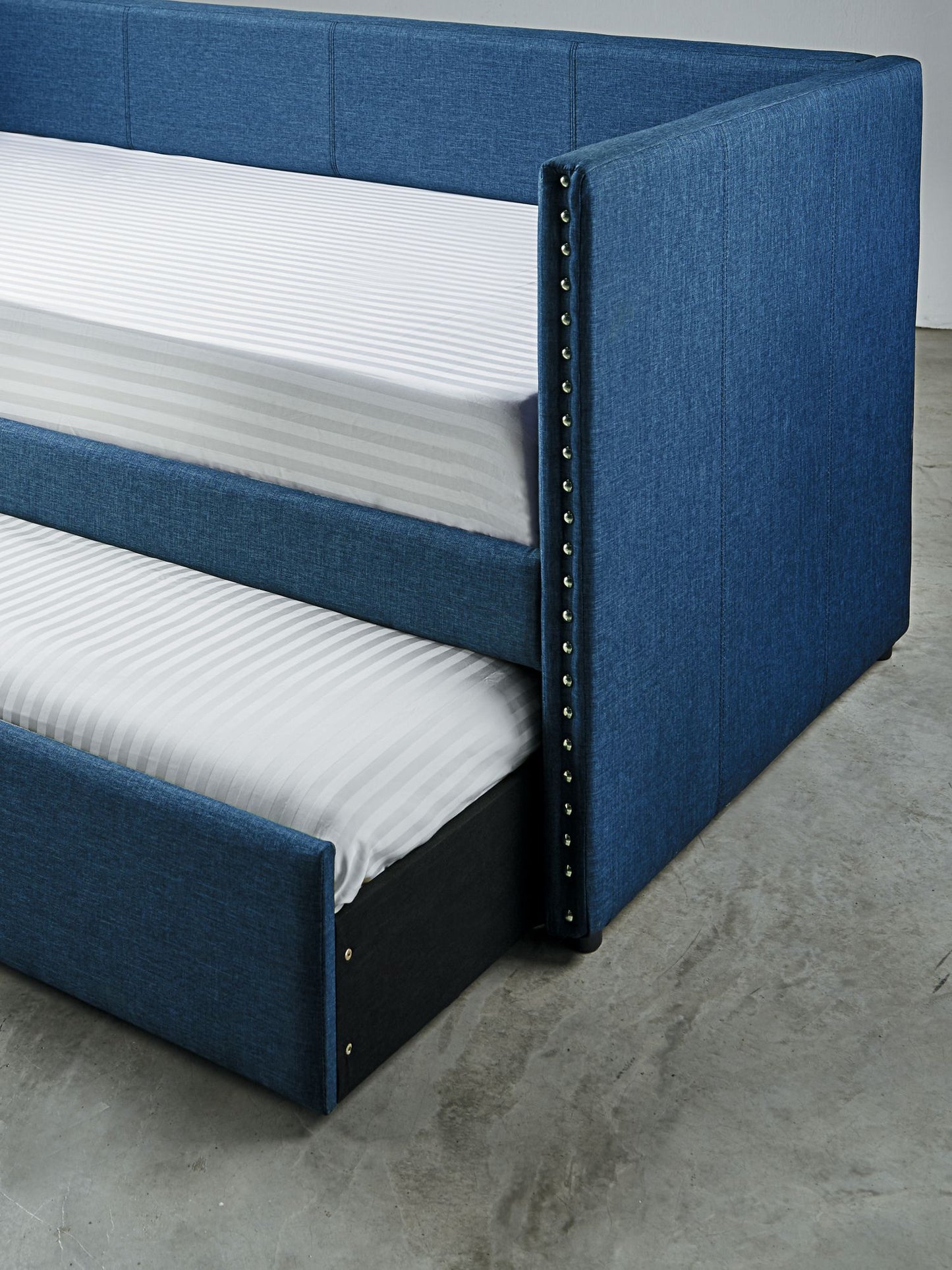 Blue Fabric Upholstered 1pc Day Bed with Pull-out Trundle Nailhead Trim Wood Frame Furniture image 4