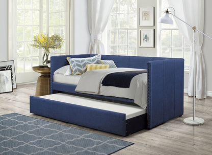 Blue Fabric Upholstered 1pc Day Bed with Pull-out Trundle Nailhead Trim Wood Frame Furniture image 1