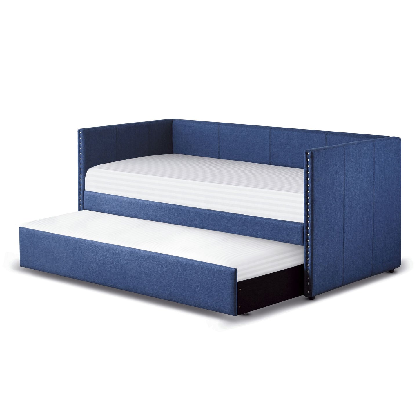 Blue Fabric Upholstered 1pc Day Bed with Pull-out Trundle Nailhead Trim Wood Frame Furniture image 10