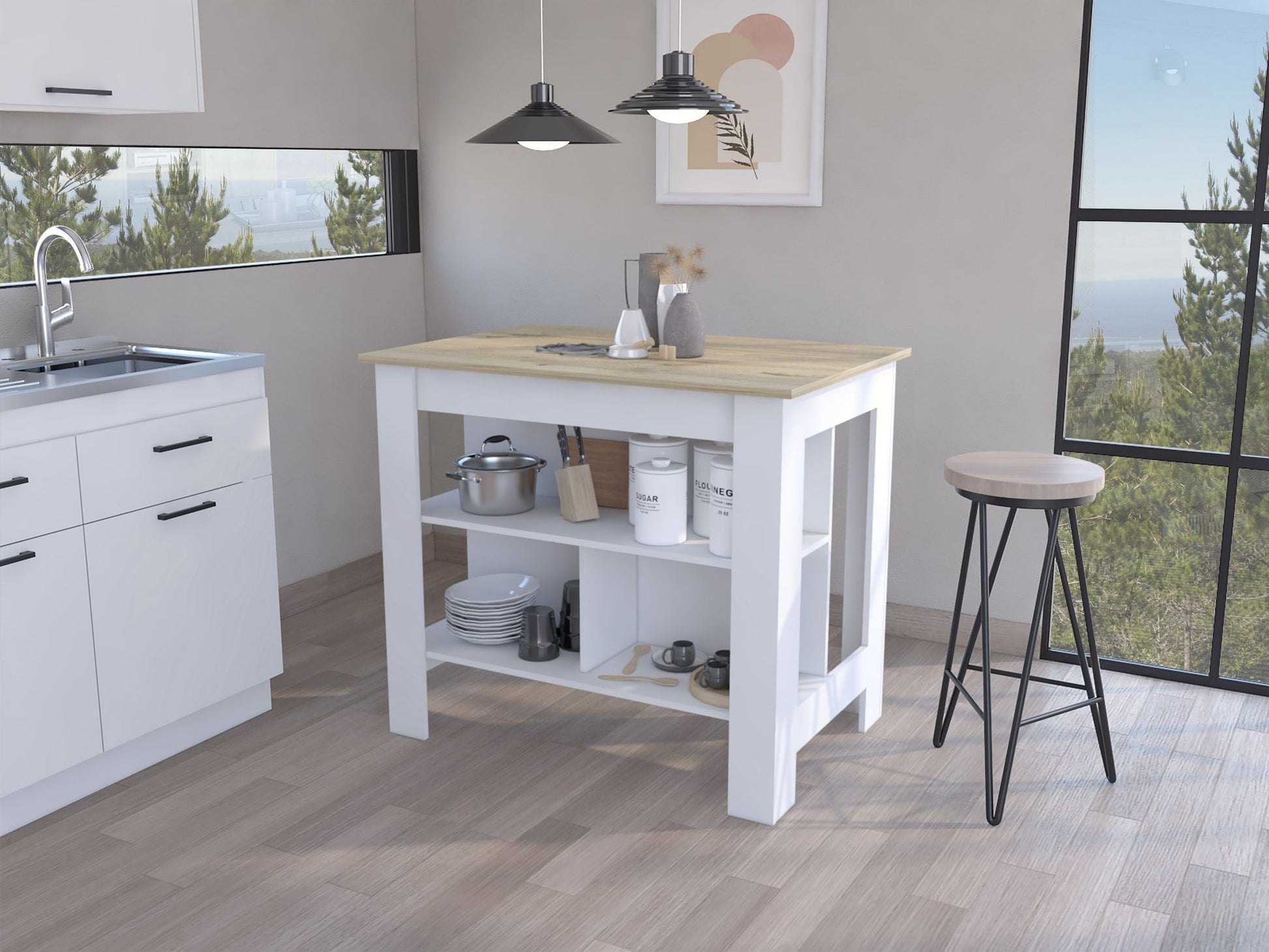 Brooklyn Antibacterial Surface Kitchen Island, Three Concealed Shelves image 1