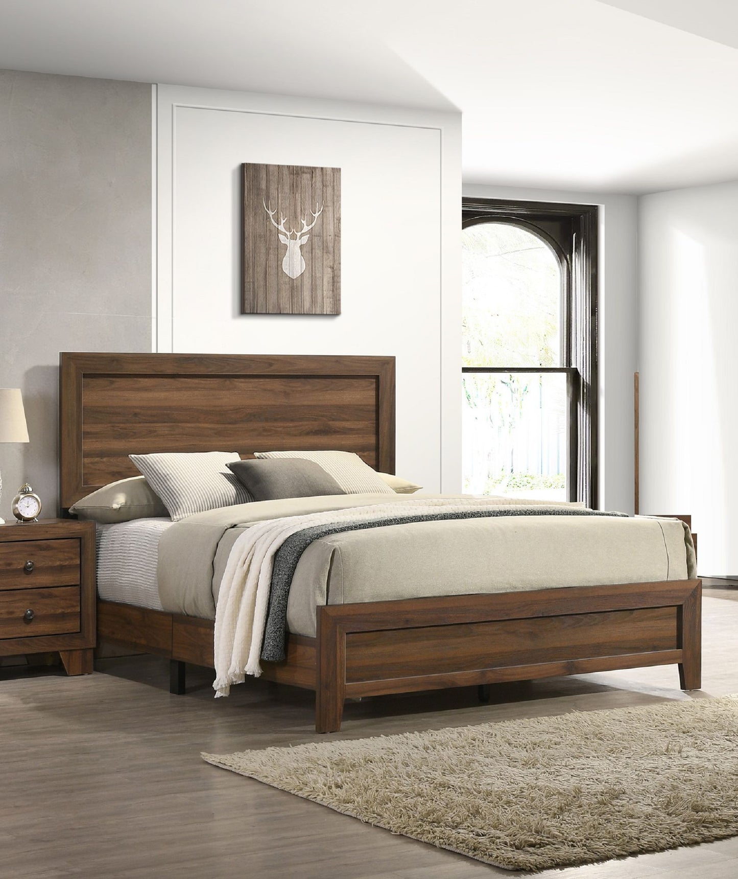 Brown Cherry Finish Fabric 1pc King Size Panel Bed Beautiful Wooden Bedroom Furniture Contemporary Style image 1