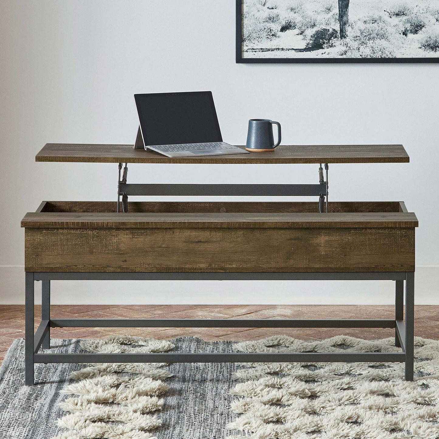 Brown Oak and Sandy Black Lift Top Coffee Table image 1