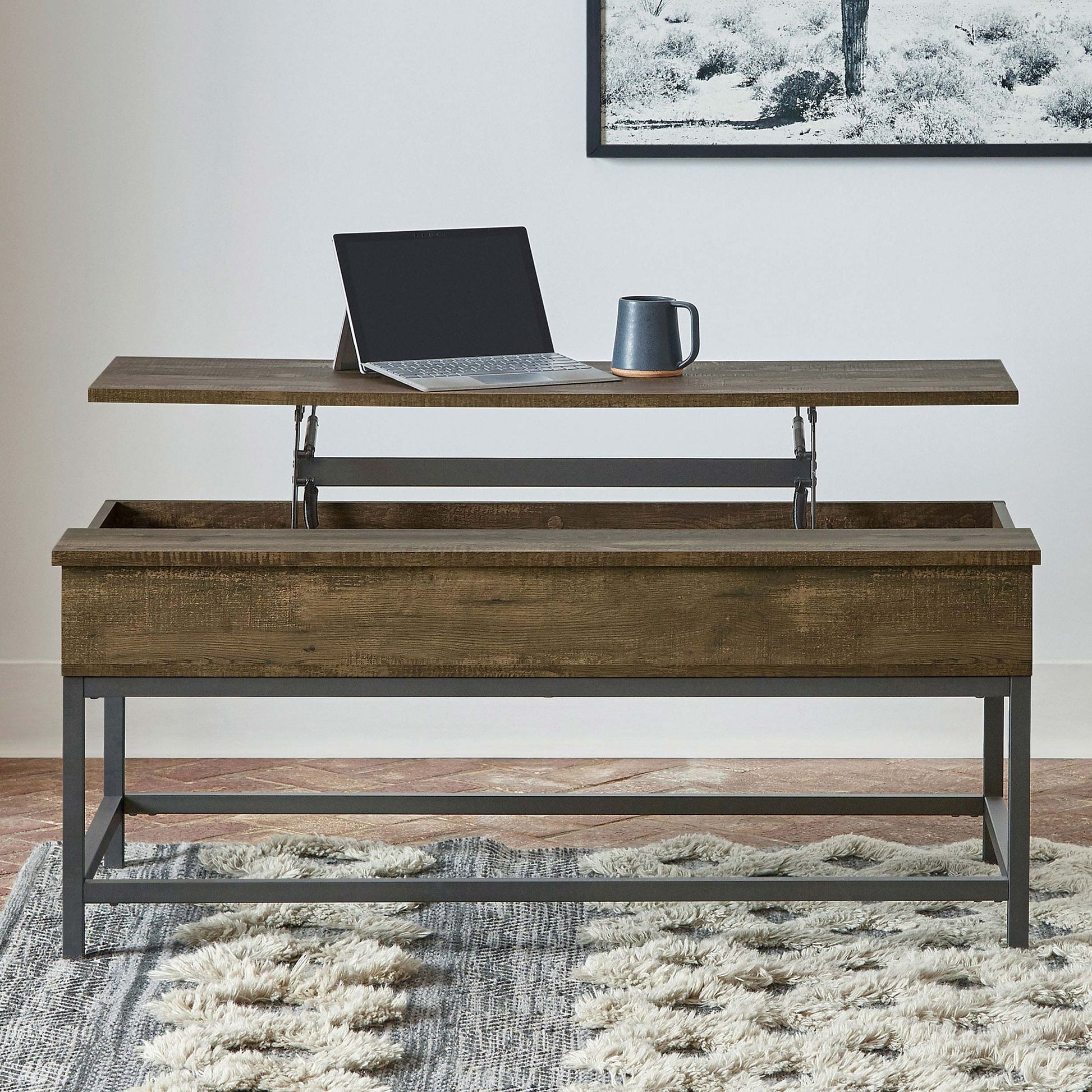 Brown Oak and Sandy Black Lift Top Coffee Table image 1
